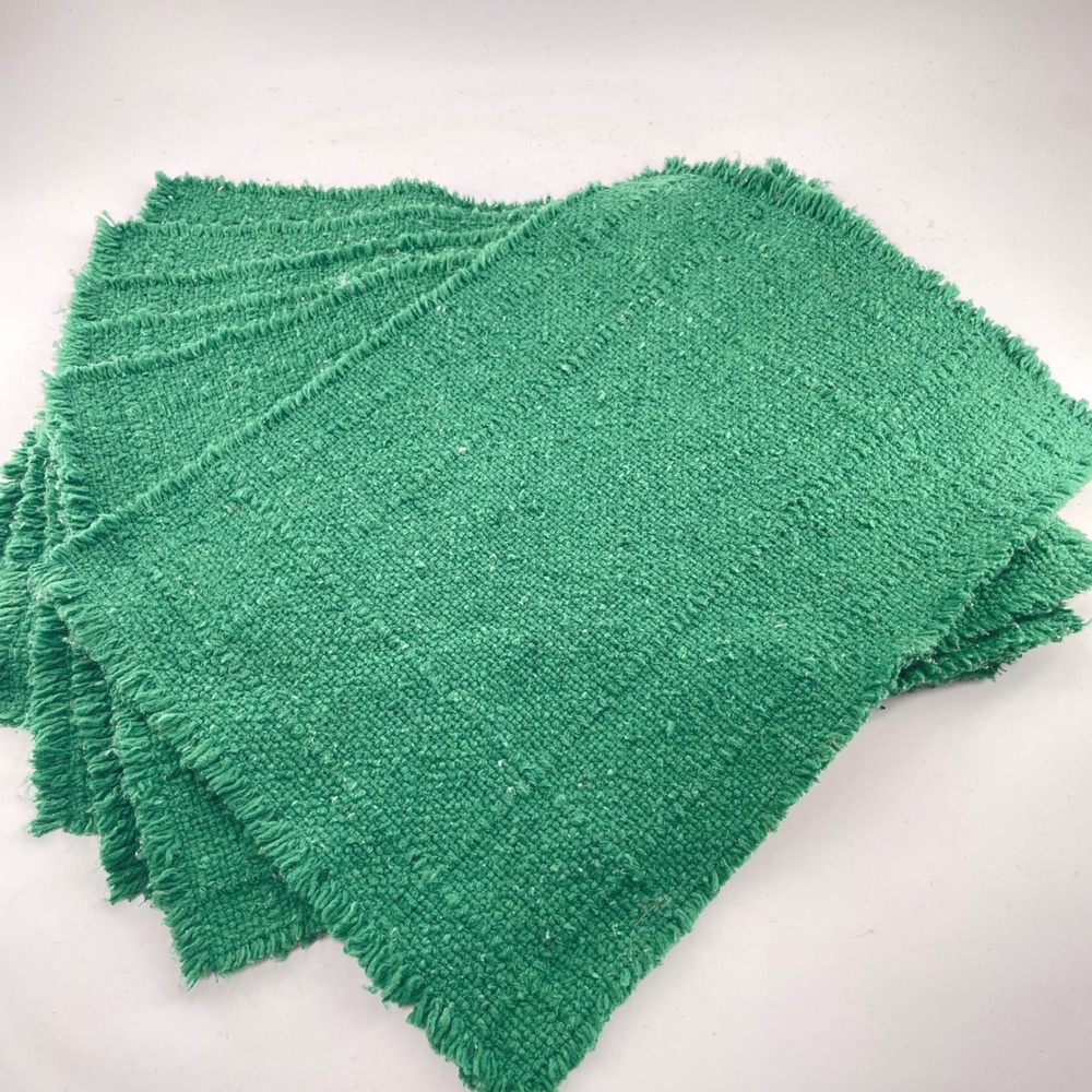 Vintage Set 6 Kelly Green Woven Placemats Fringed Boho Mid Century Retro Table